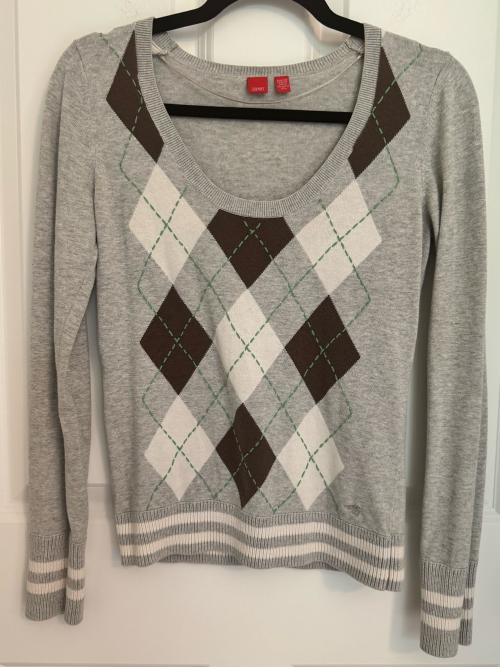 ESPRIT Womens Argyle Sweater Gray Brown Green Scoop Neck Preppy Y2K